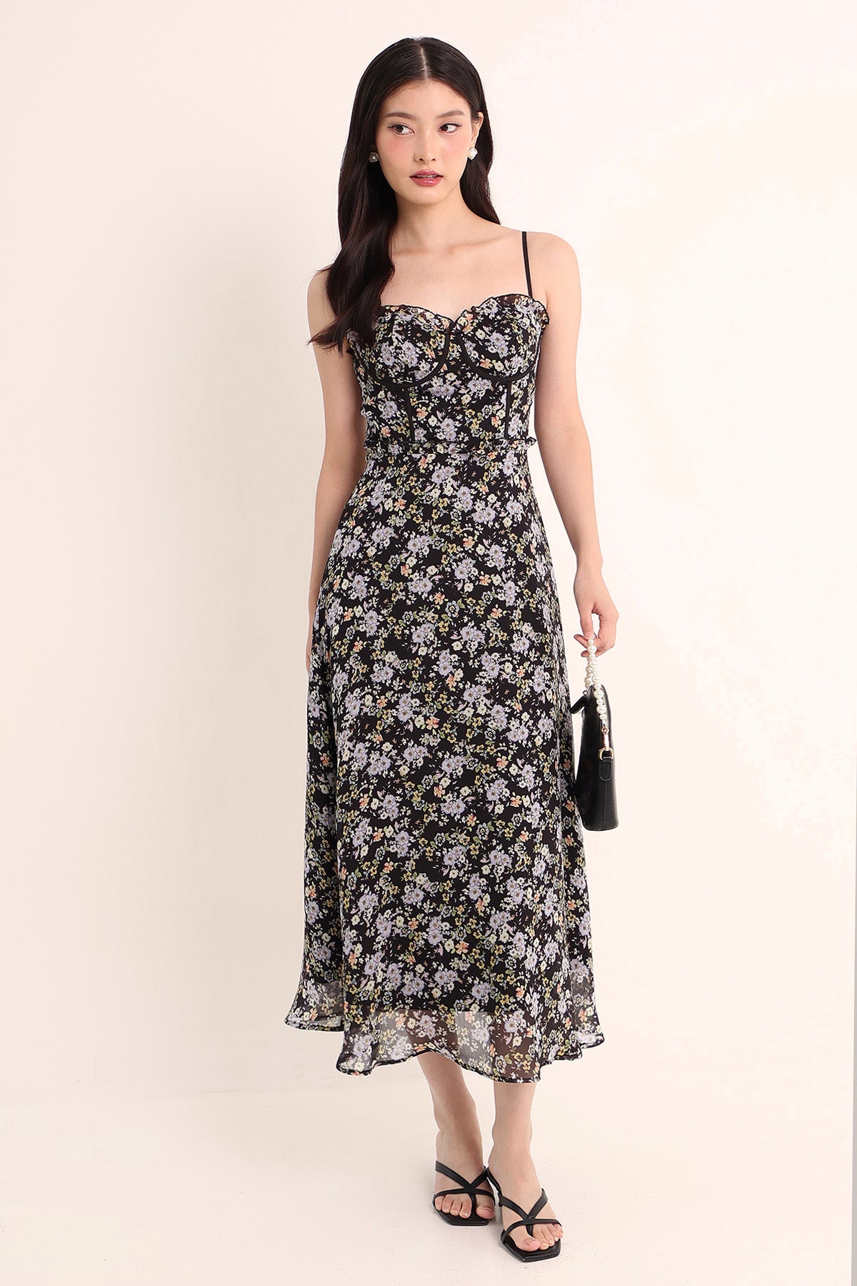 JARDIN PADDED FLORAL MAXI DRESS IN BLACK | NEONMELLO