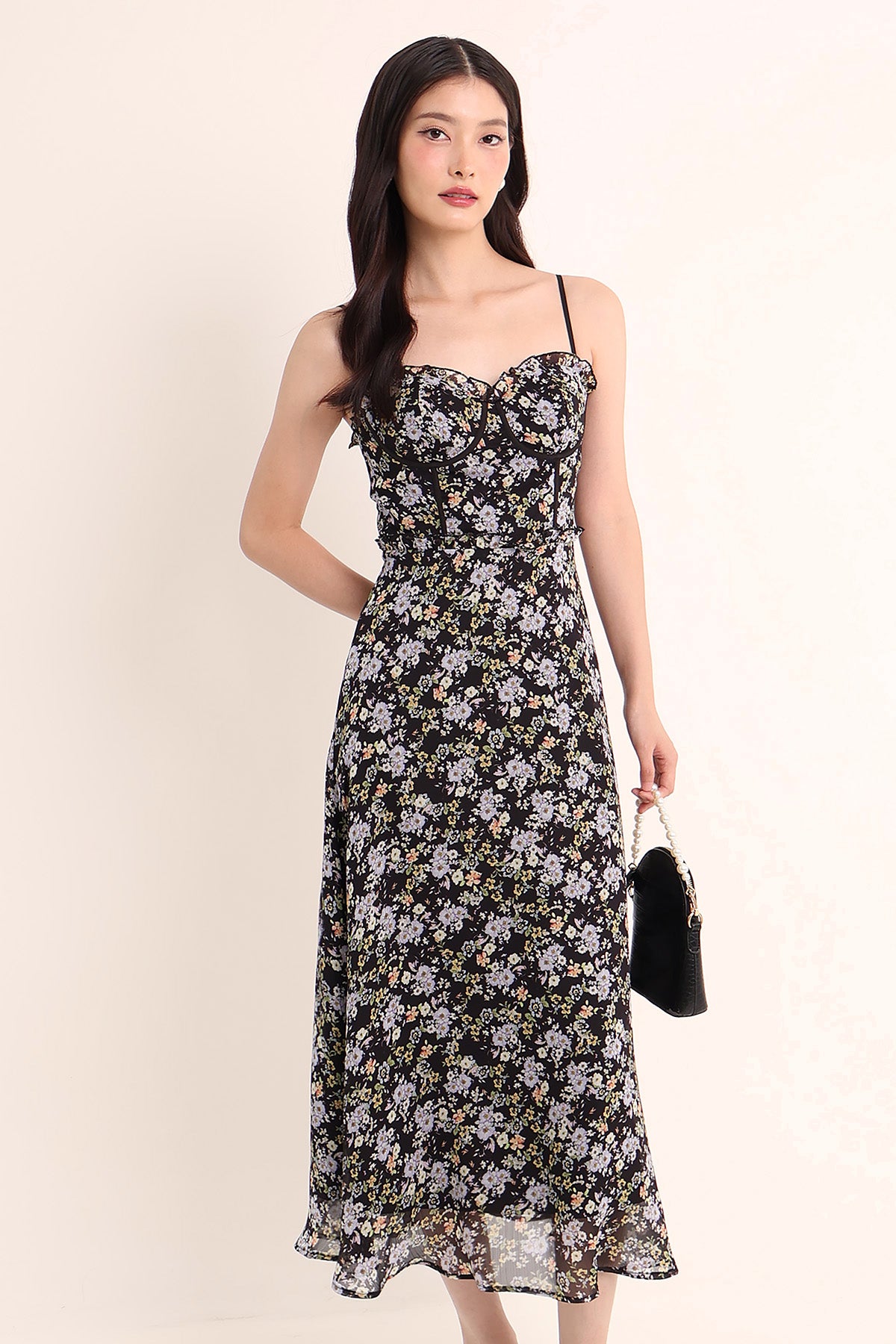 JARDIN PADDED FLORAL MAXI DRESS IN BLACK | NEONMELLO