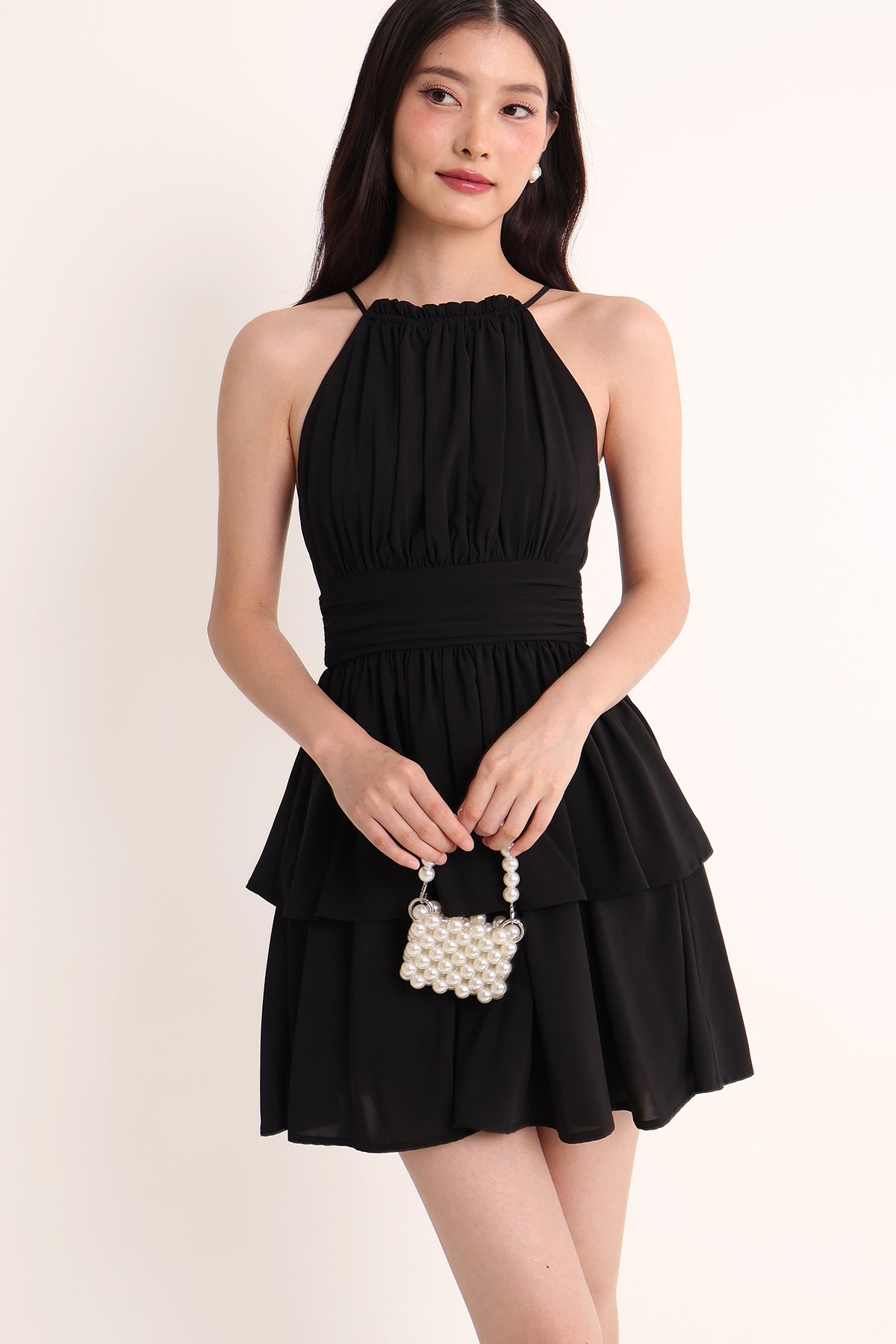 princess polly baby blue dress Feel The Vibe Ruched Mini Dress - Black main image 0
