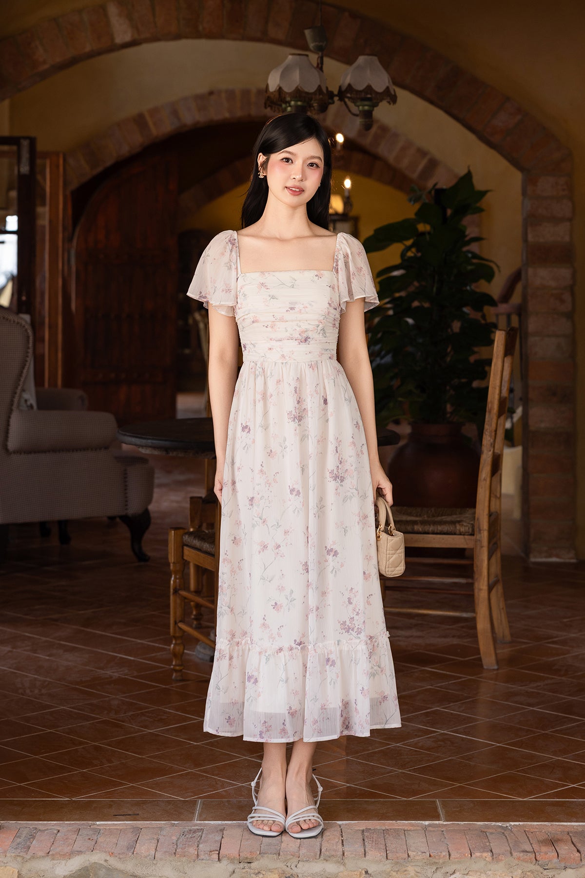 RESTOCKED**FLORENTIA RUCHED MAXI DRESS IN CREAM ROSE | NEONMELLO