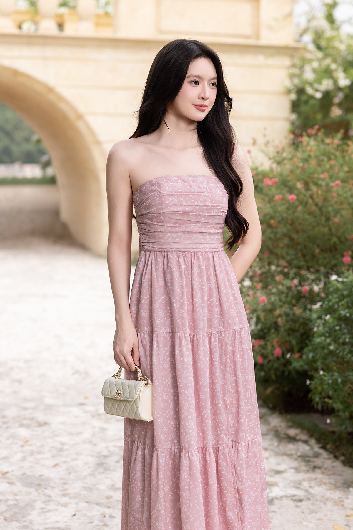 OASIS FLORAL PADDED MAXI DRESS IN PINK