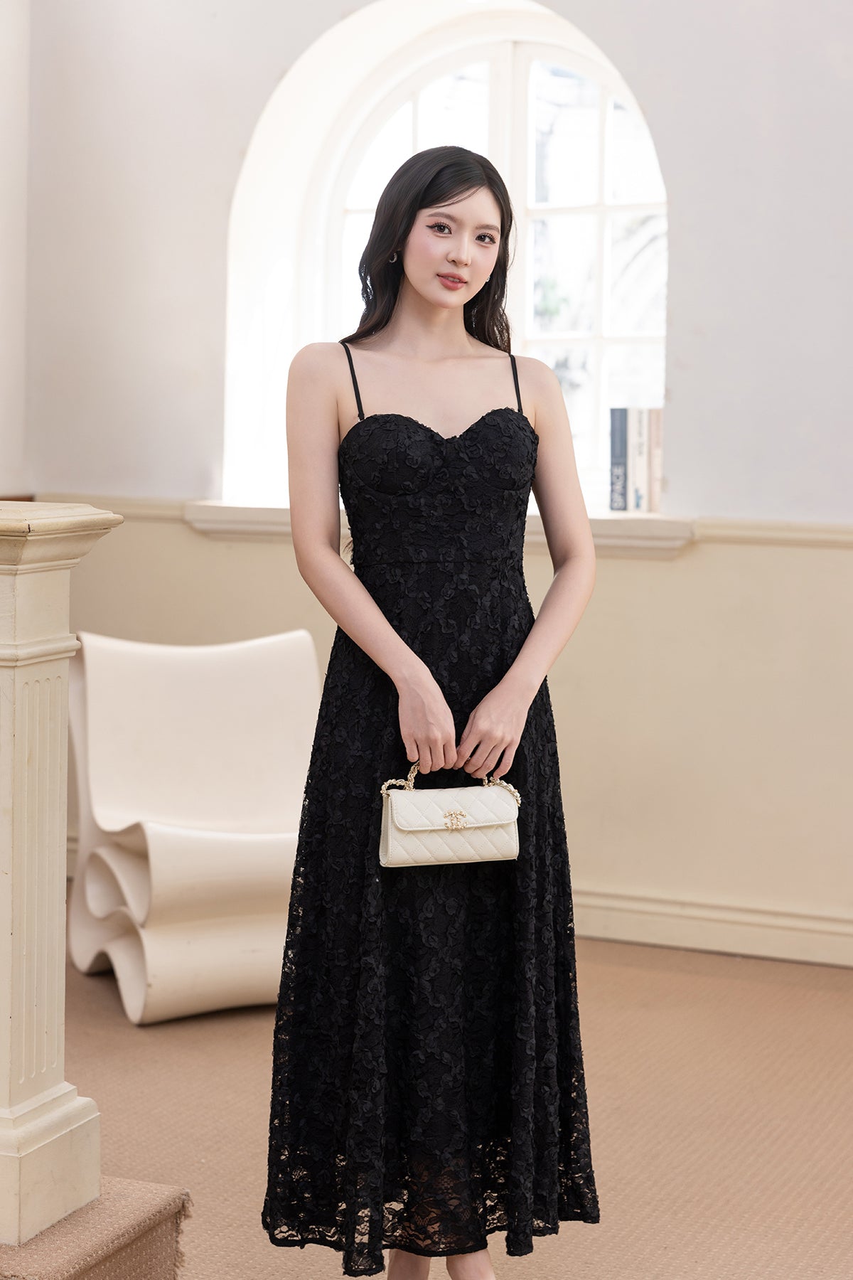 ROSALIE PADDED LACE MAXI DRESS IN BLACK | NEONMELLO