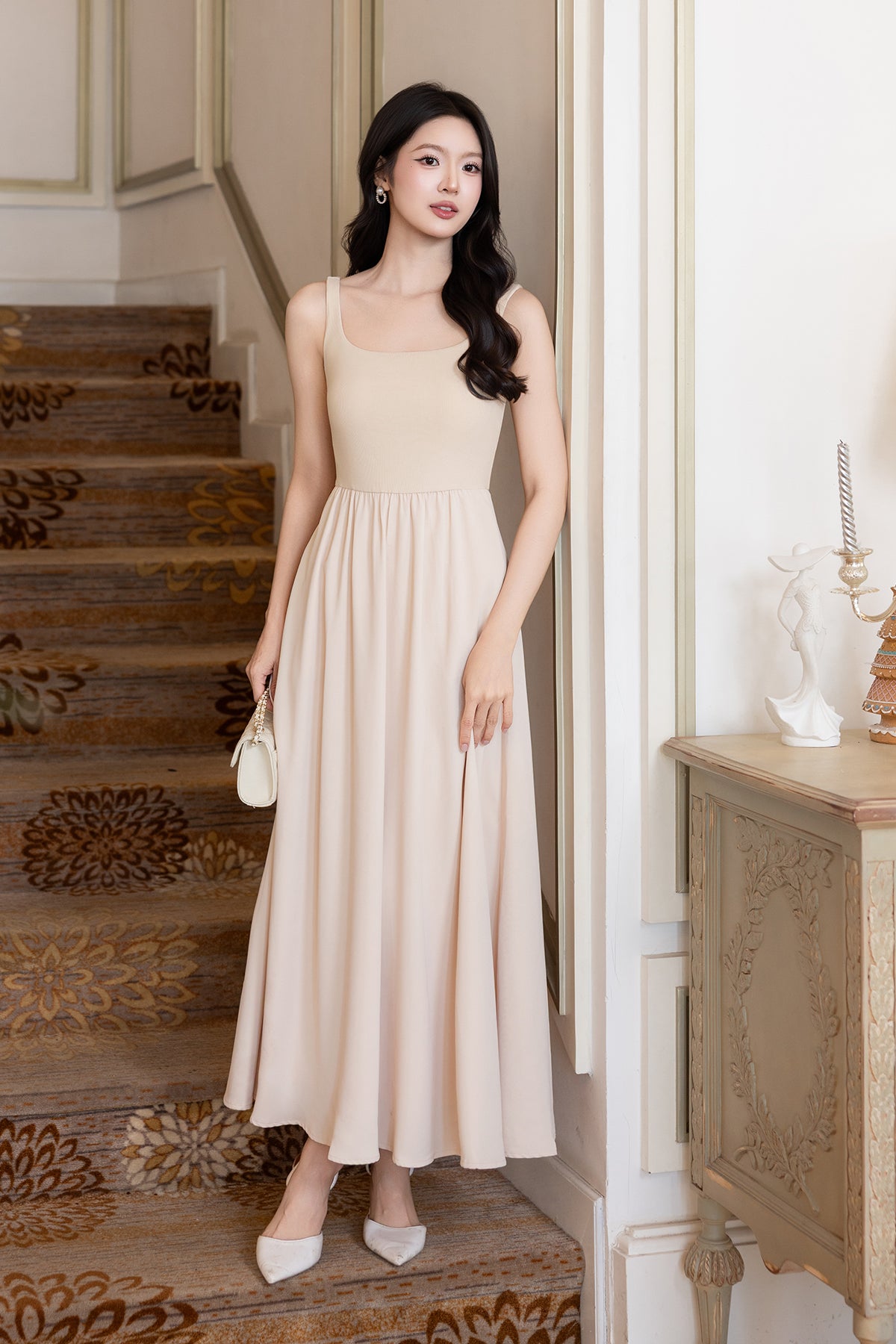 RESTOCKED**LEONIE PADDED RIBBED MAXI DRESS IN BEIGE | NEONMELLO