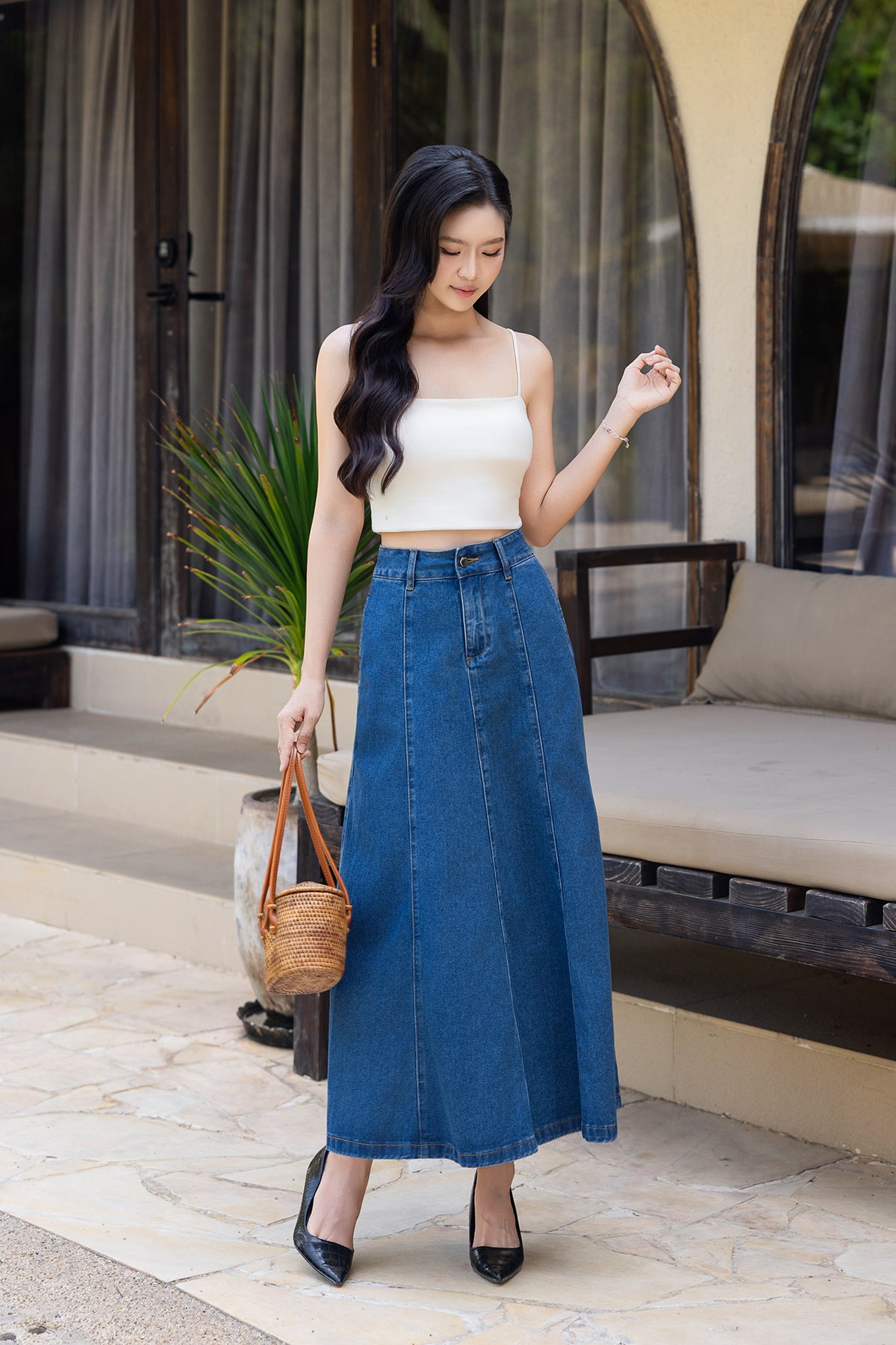 RESTOCKED** HEPBURN DENIM MAXI SKIRT IN DARK