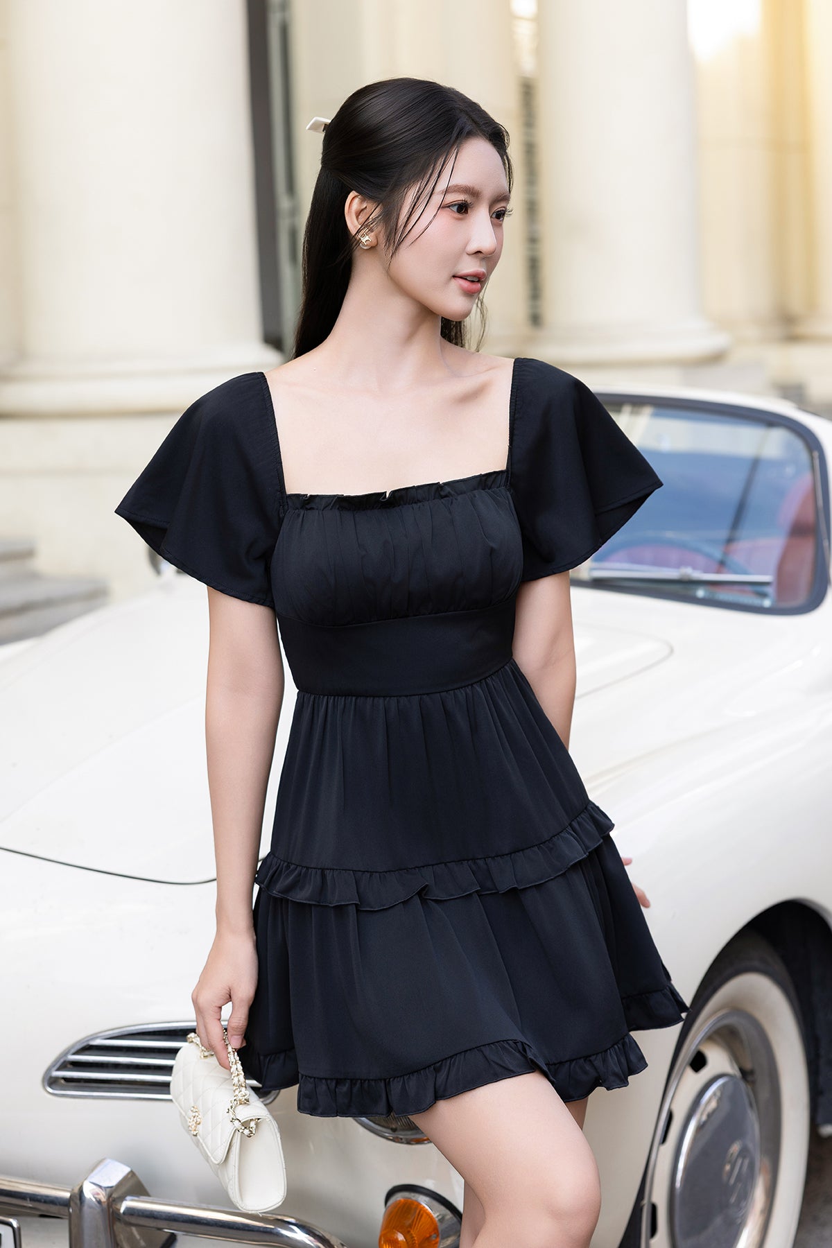 frilly black dress KIKO SLEEVED IN candy_pink Miss Rosario Black on Size:36 - READY TO SHIP