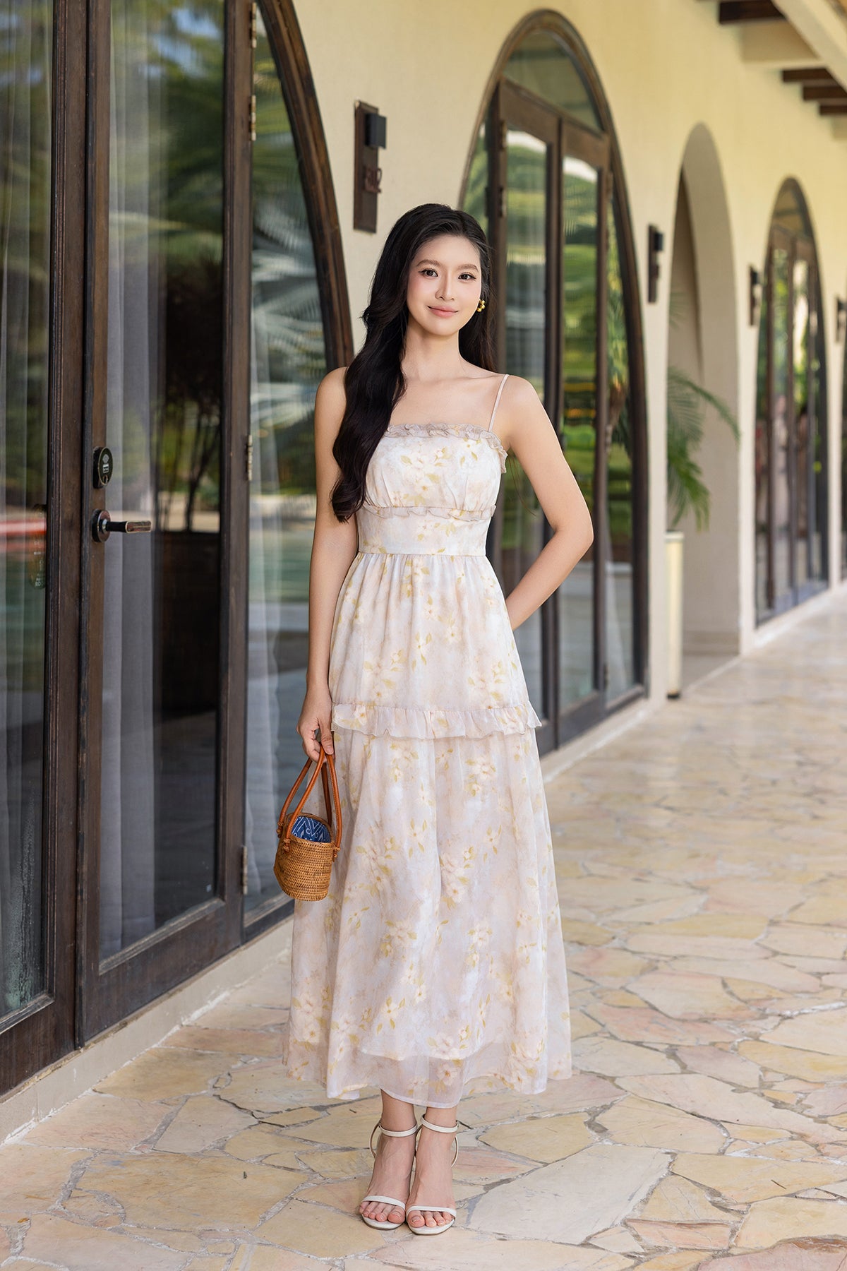 ORLINA FRILLY FLORAL MAXI IN ALMOND