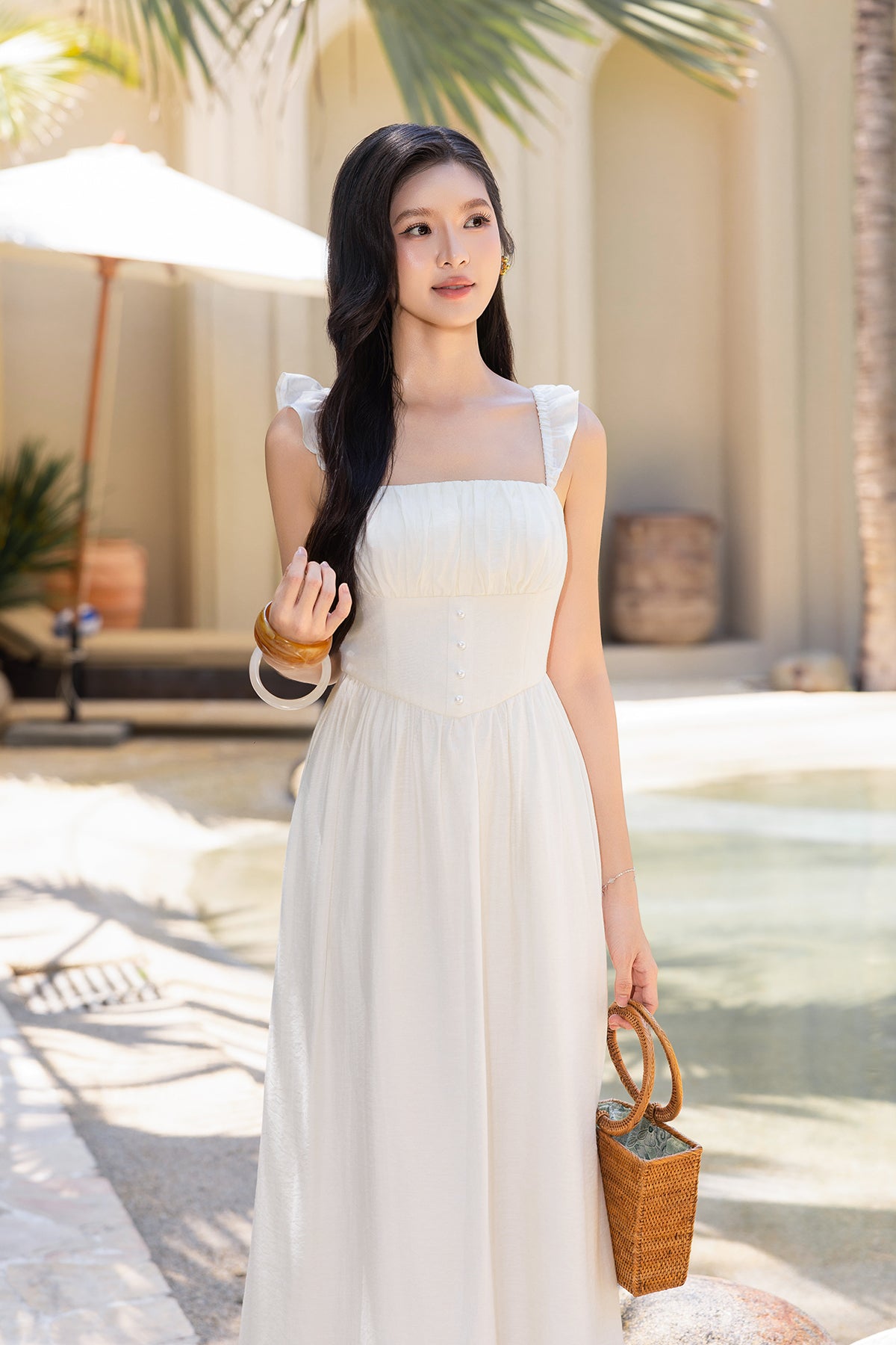 cream white dresses formal DOVELLE SMOCKED MAXI IN Color:RoseChampagne (RosyBrown) Elainilye Fashion Women Dresses GL-12.09.25 Midi dress A sweetheart neckline flaunts