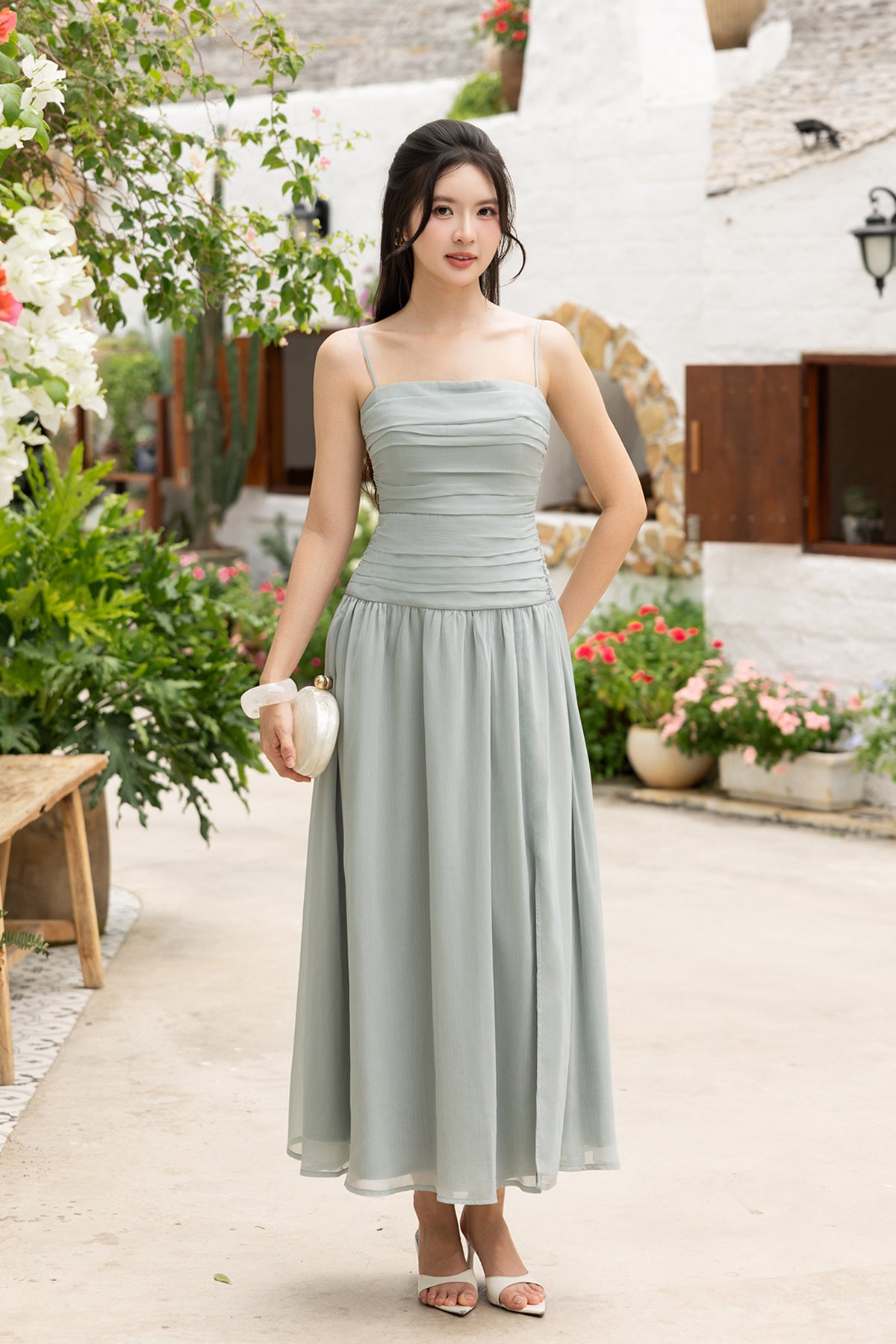 ODELLE RUCHED MAXI IN MINT BLUE