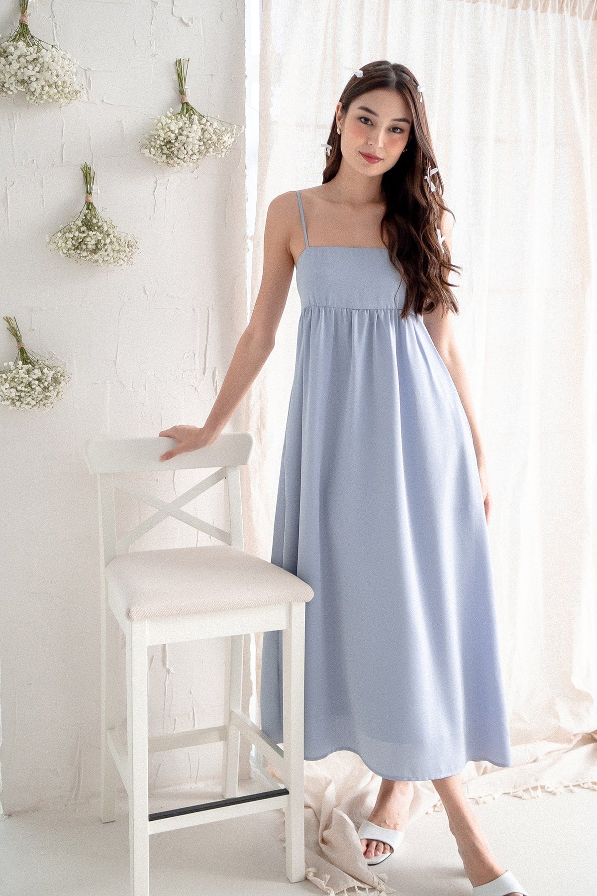 BELLA BABYDOLL SATIN MAXI DRESS IN SEA BLUE - Main Image