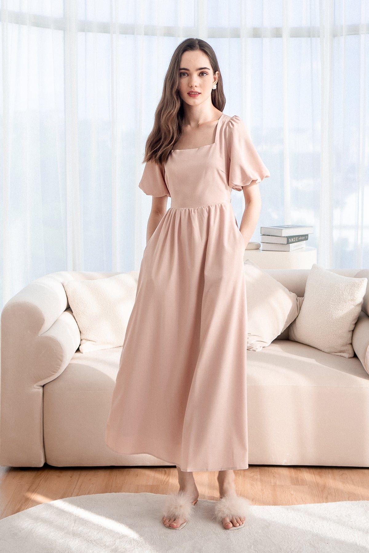 CASS PUFF-SLEEVE TIE-BACK MAXI DRESS IN NUDE PINK CASS PUFF-SLEEVE TIE-BACK MAXI DRESS IN NUDE PINK