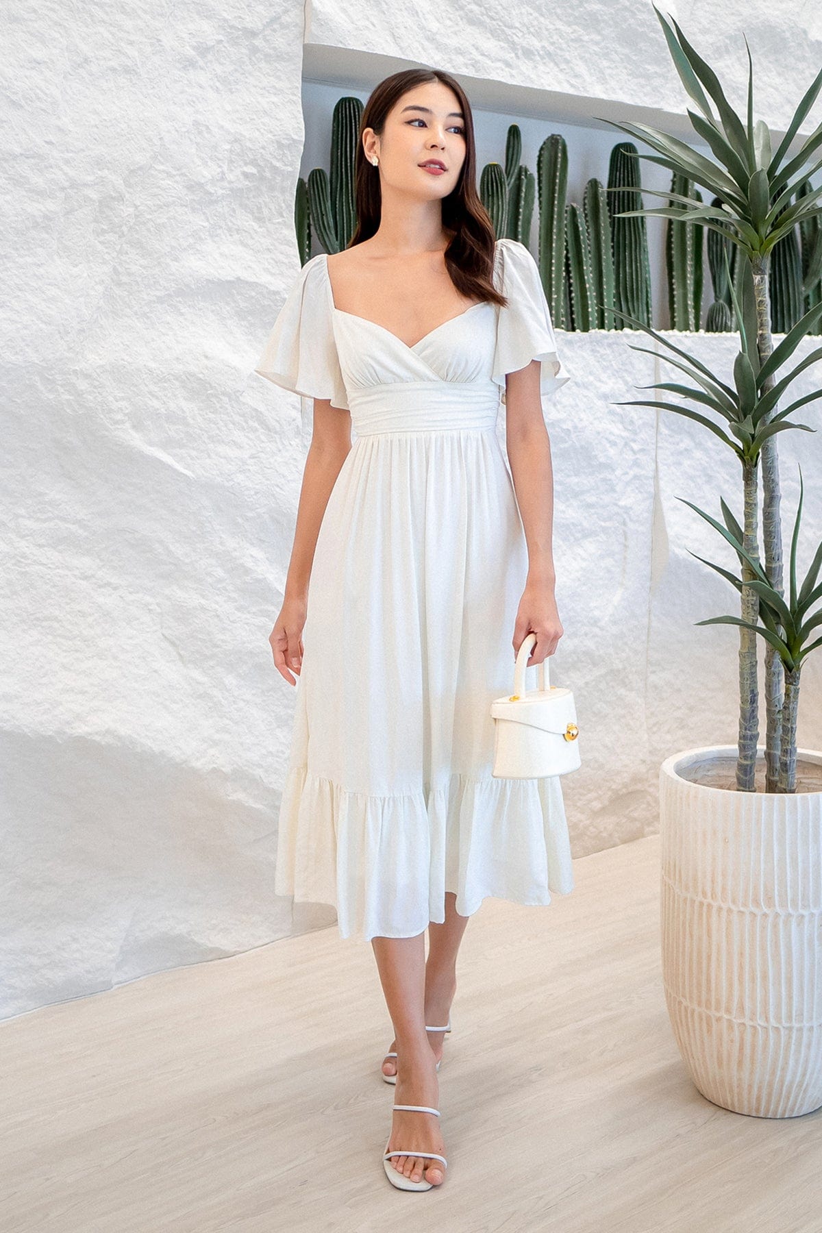 Wear White White And Cream Outfit CECE FLUTTERS MAXI DRESS IN CREAM WHITE