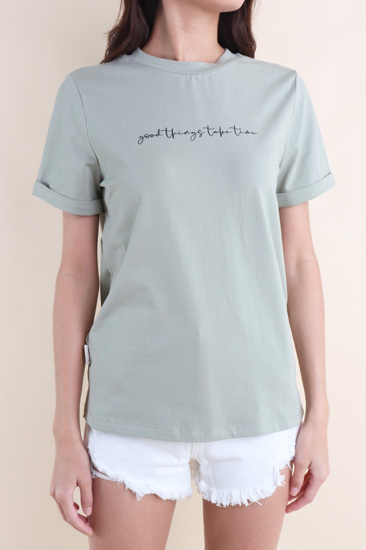GOOD THINGS TAKE TIME QUOTE TEE IN SAGE GREEN NEONMELLO