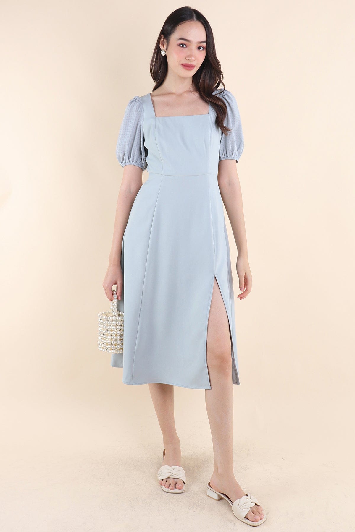 JANELYN SLEEVE MIDI DRESS IN SAGE BLUE