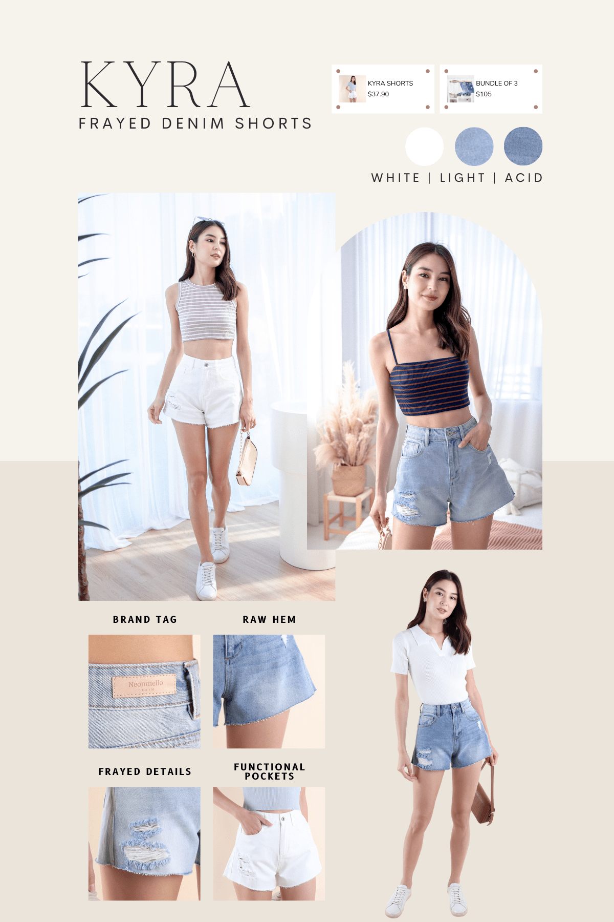 RESTOCKED KYRA FRAYED DENIM SHORTS IN WHITE