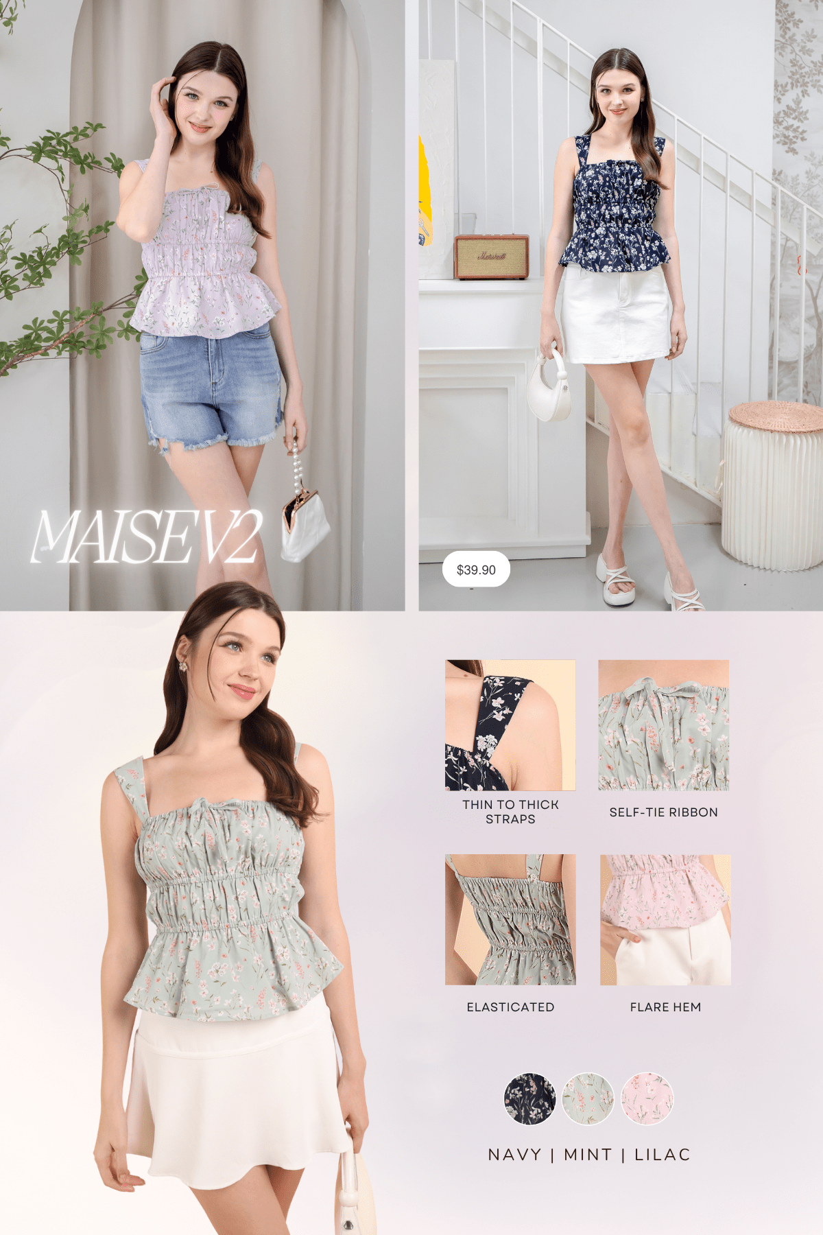 MAISE V2 FLORAL RIBBON TIER TOP IN MINT | NEONMELLO