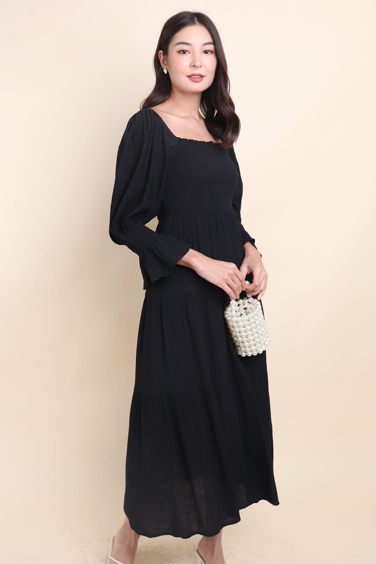 MEADOW SMOCKED MAXI DRESS IN BLACK