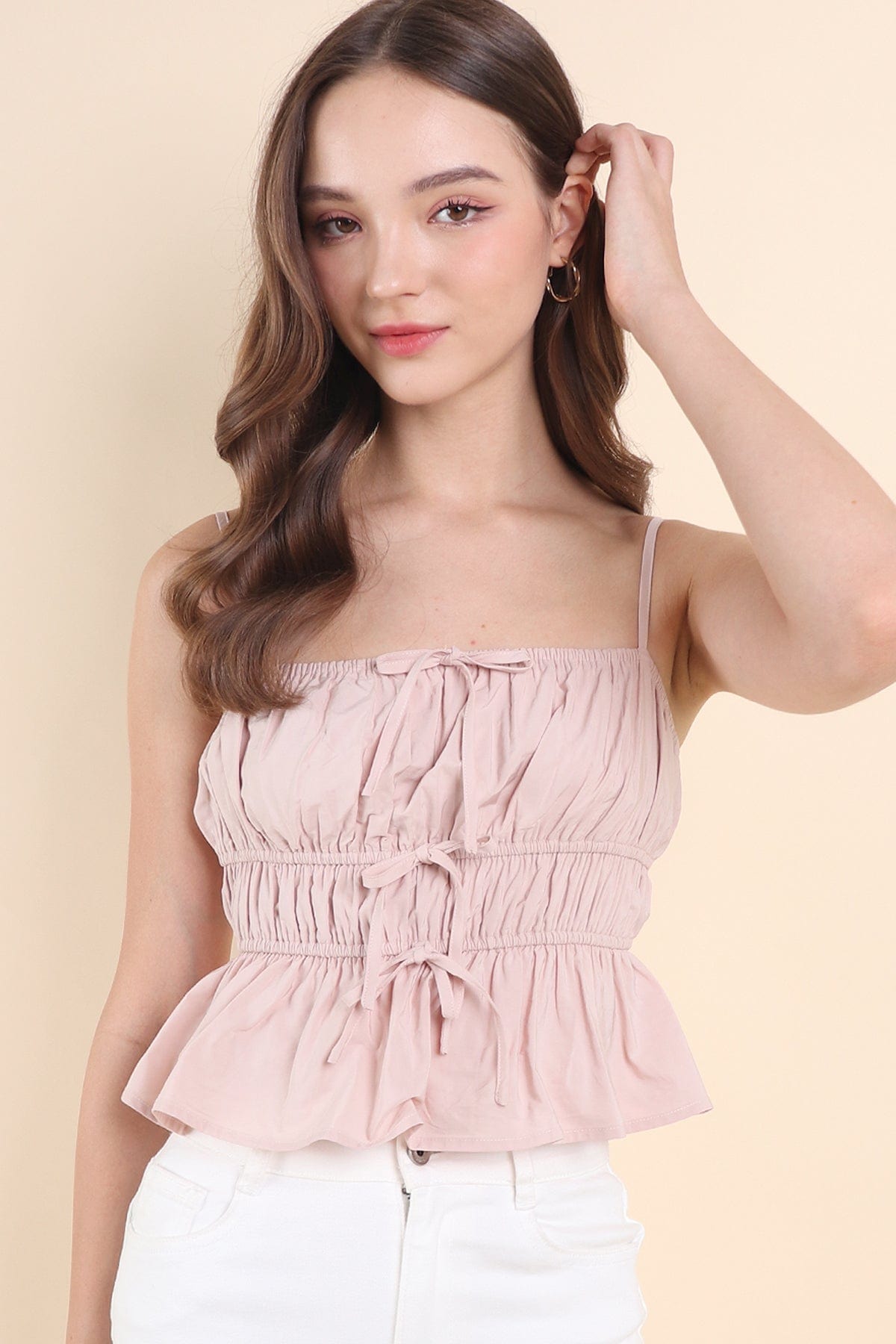 MIMI RIBBON RUCHED TOP IN FAINT ROSE | NEONMELLO