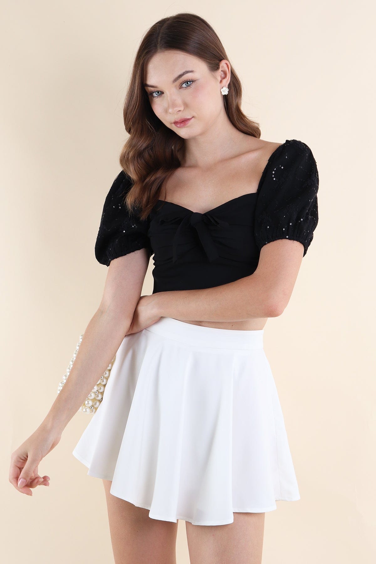 MIRELLE SLEEVED SEQUIN LACE RIBBON TOP IN BLACK | NEONMELLO