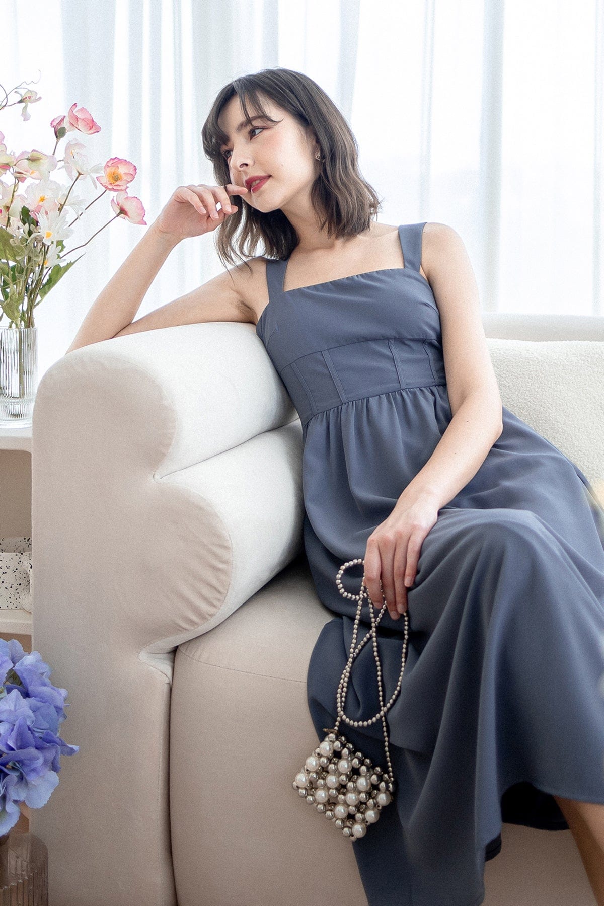 OASIS BUSTIER DRESS IN GUNMETAL BLUE OASIS BUSTIER DRESS IN GUNMETAL BLUE
