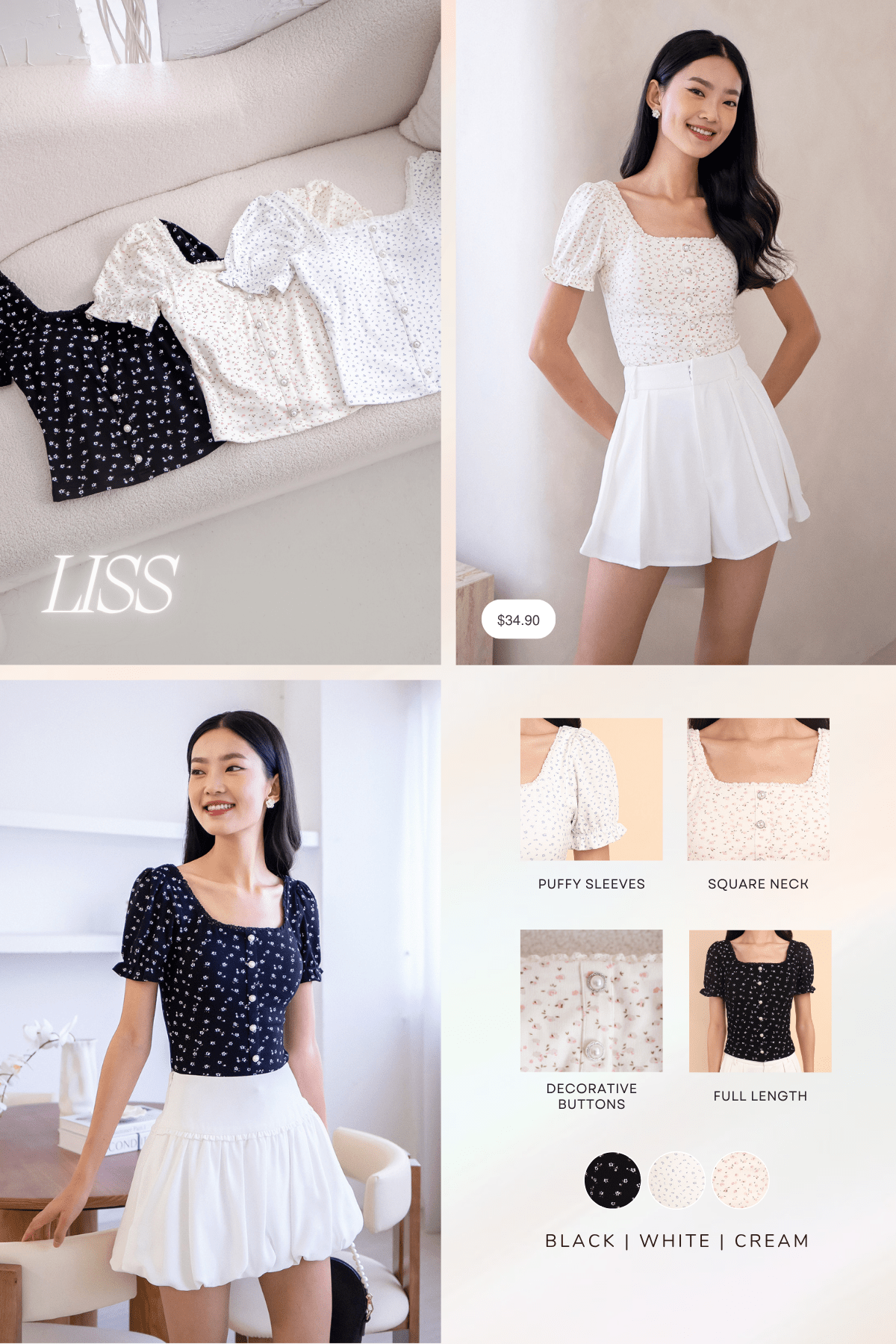 LISS FLORAL PADDED TEE TOP IN WHITE