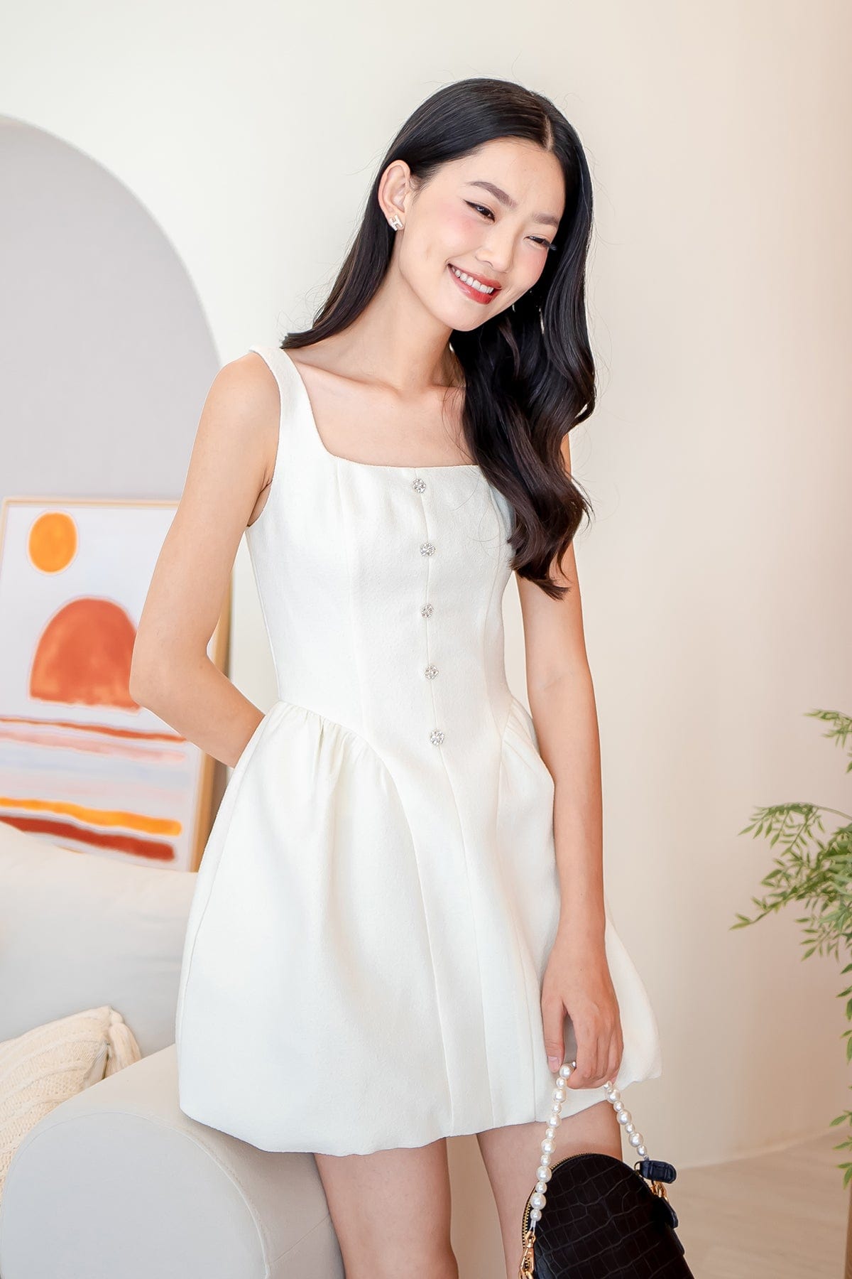 DAHLIA BUBBLE TWEED DRESS IN CREAM WHITE | NEONMELLO