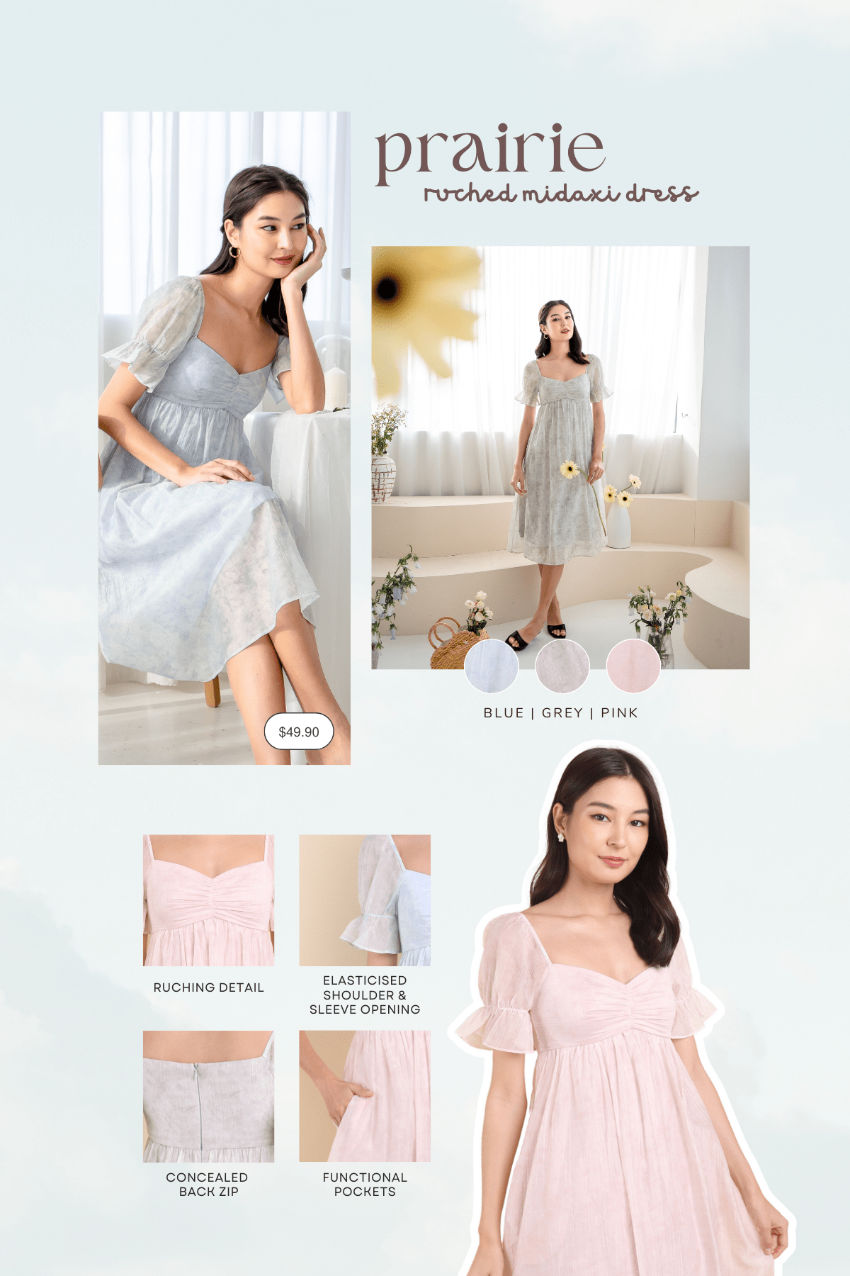 PRAIRIE RUCHED MIDAXI DRESS IN GREY | NEONMELLO