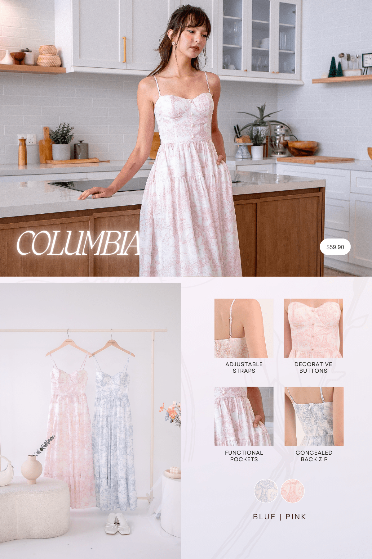 COLUMBIA TOILE PADDED MAXI IN PINK