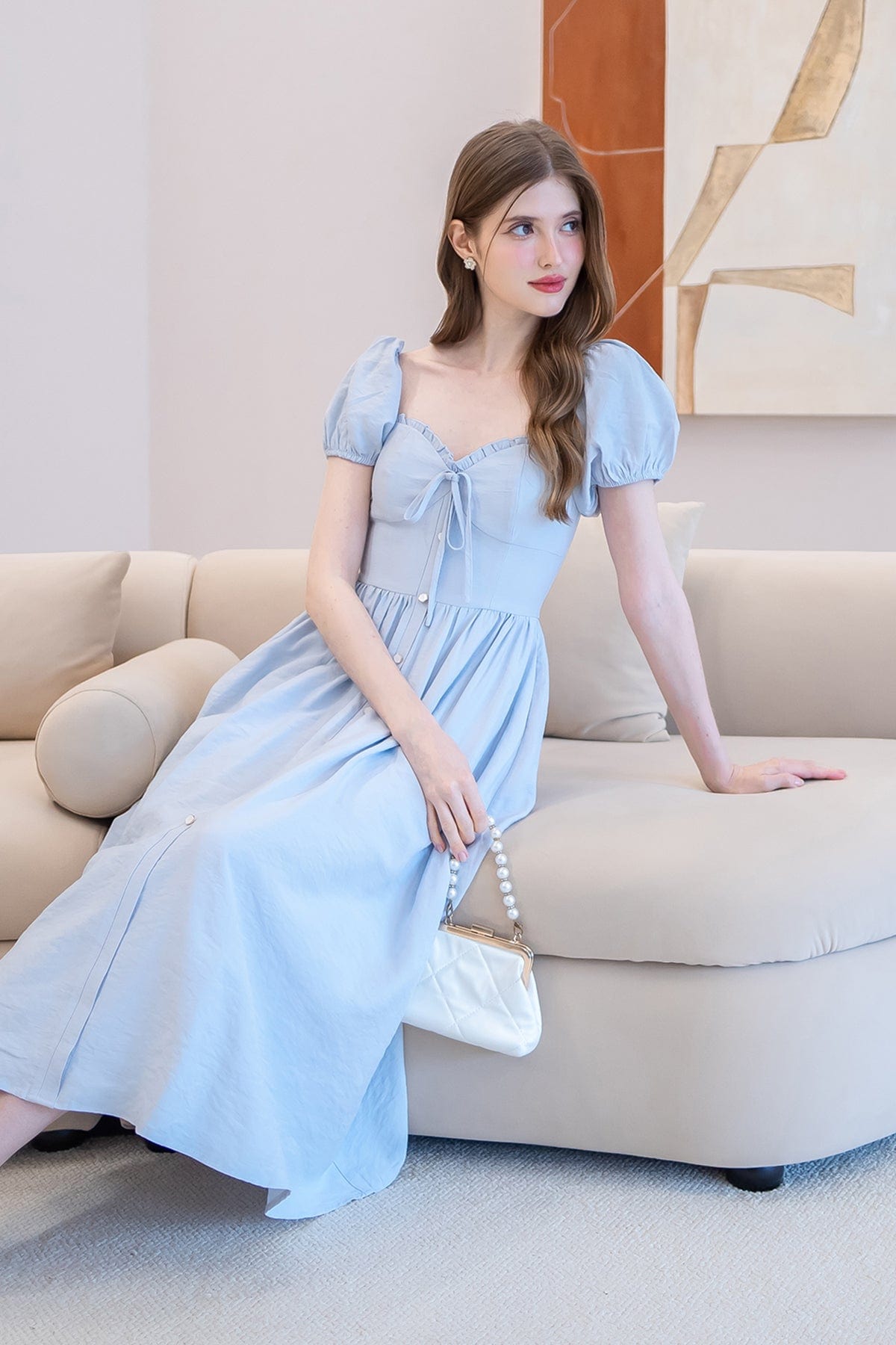 REYNA VICTORIAN SLEEVE PADDED MAXI DRESS IN BLUE