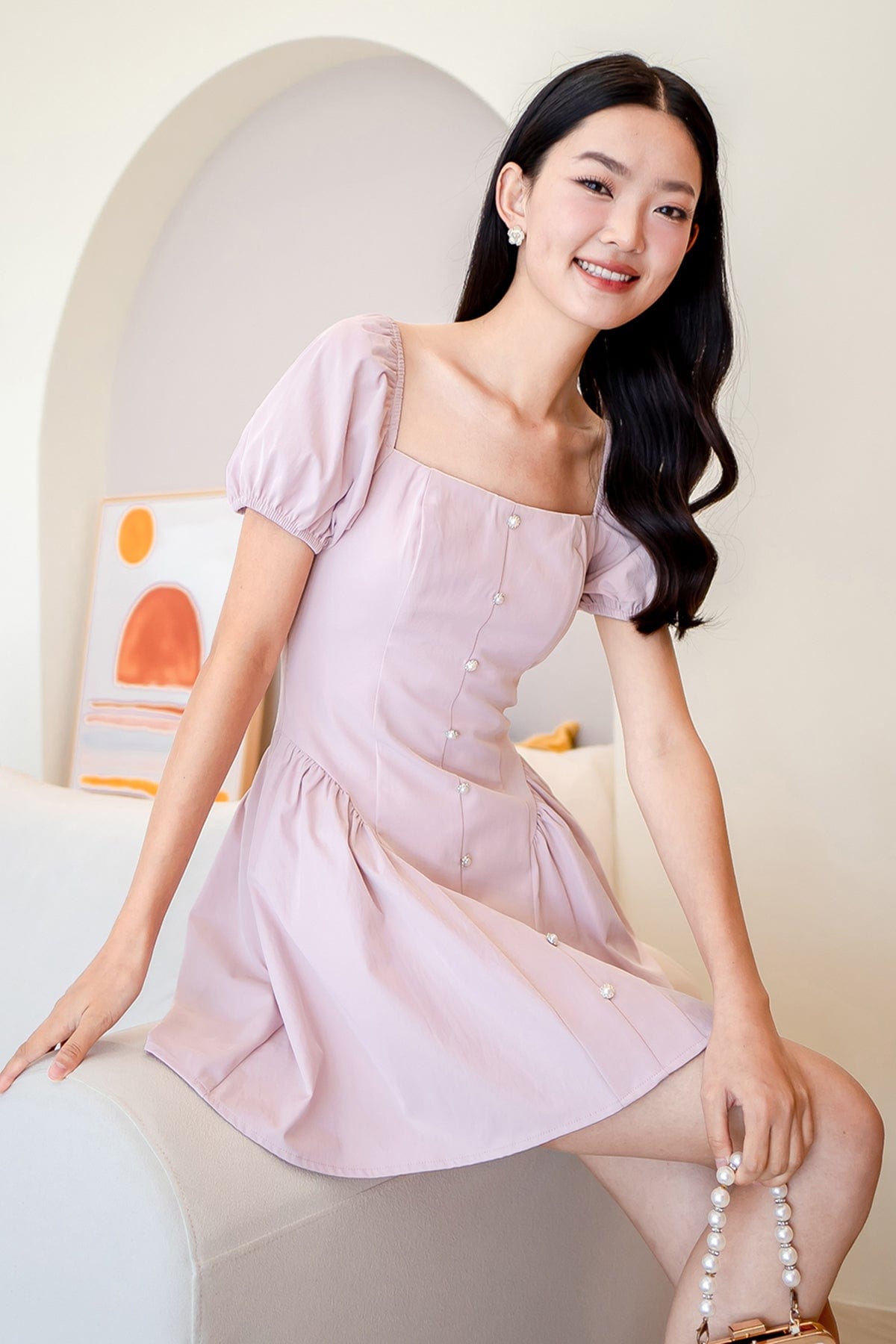 strapless open back dress ROBYN POOF SLEEVED MINI DRESS IN PINK