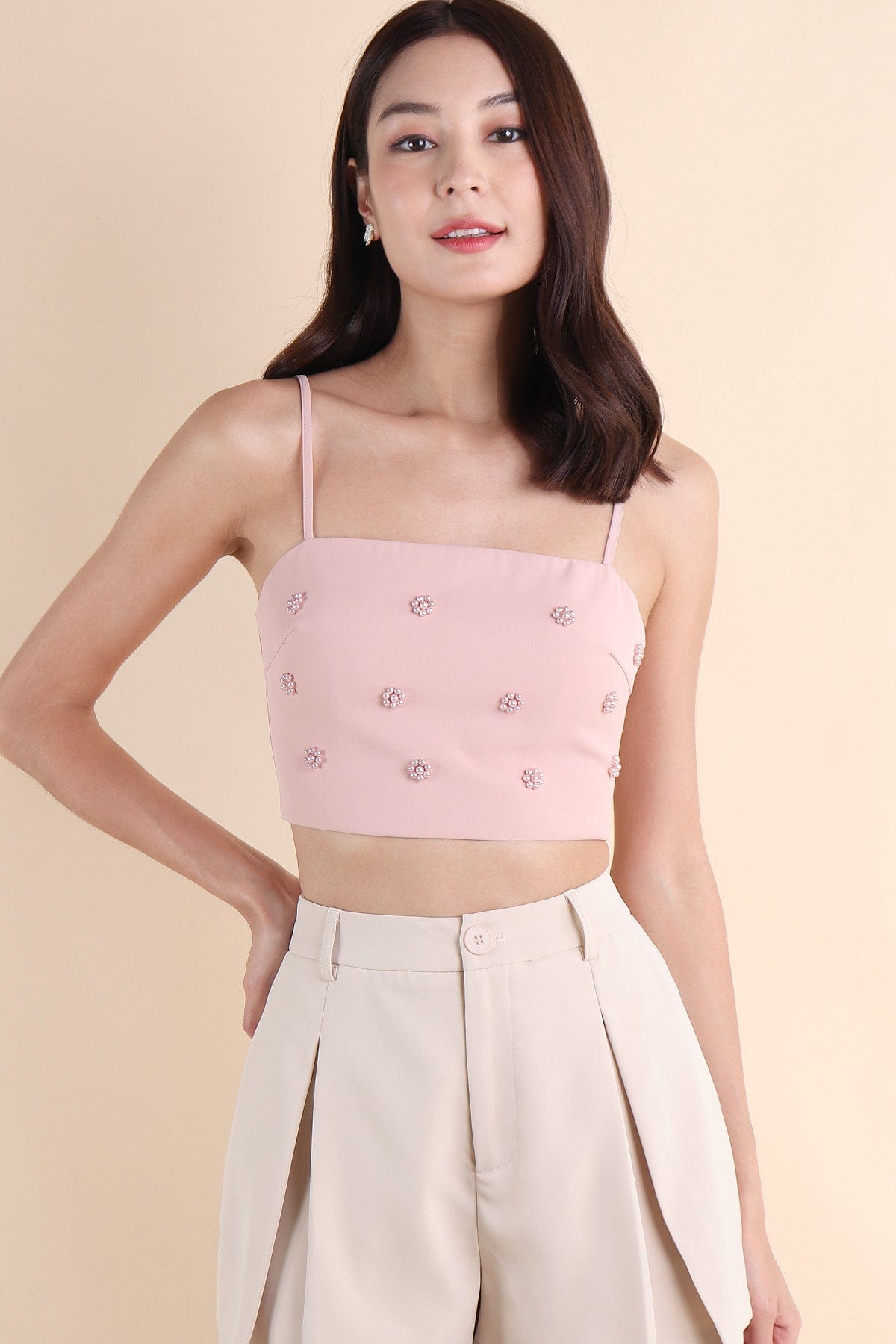 新品・未使用　ESMOK balloon tops pinkbeige STARRY EMBELLISHED TOP IN PINK | NEONMELLO