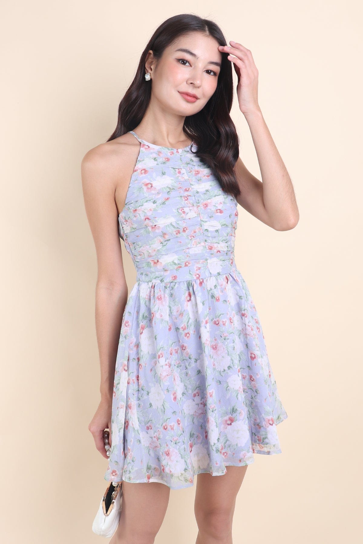 WILLOW FLORAL RUCHED DRESS IN BLUE | NEONMELLO