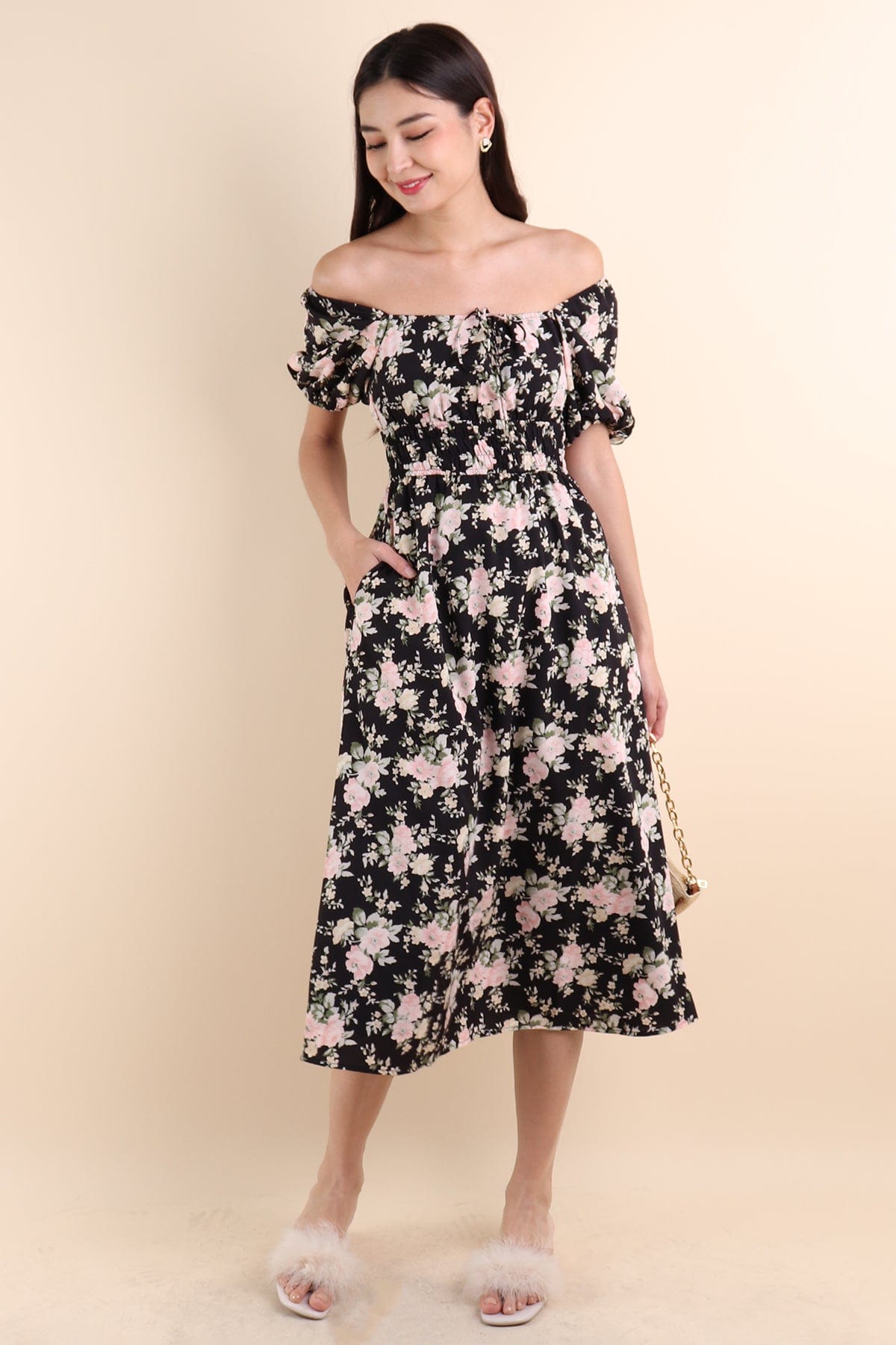 majorelle lyla midi dresses LYLA FLORAL MIDI DRESS IN BLACK