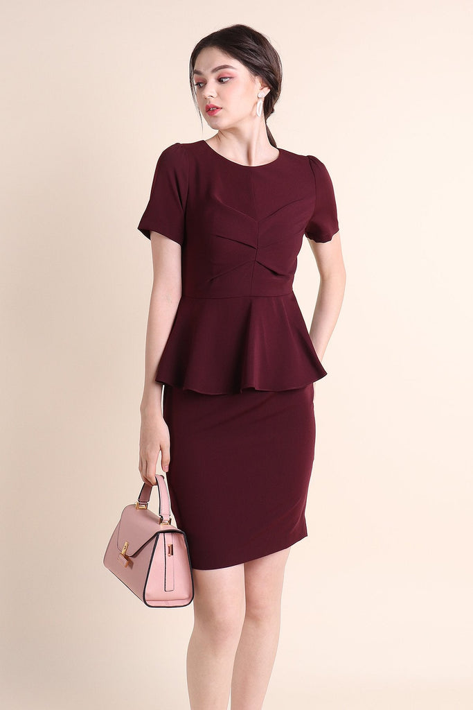 MADEBYNM BRONTE GATHERED PEPLUM FITTED WORK DRESS IN MAROON [XS/S/M/L/XL] - NEONMELLO