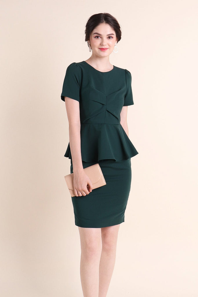 MADEBYNM BRONTE GATHERED PEPLUM FITTED WORK DRESS IN PINE GREEN [XS/S/M/L/XL] - NEONMELLO