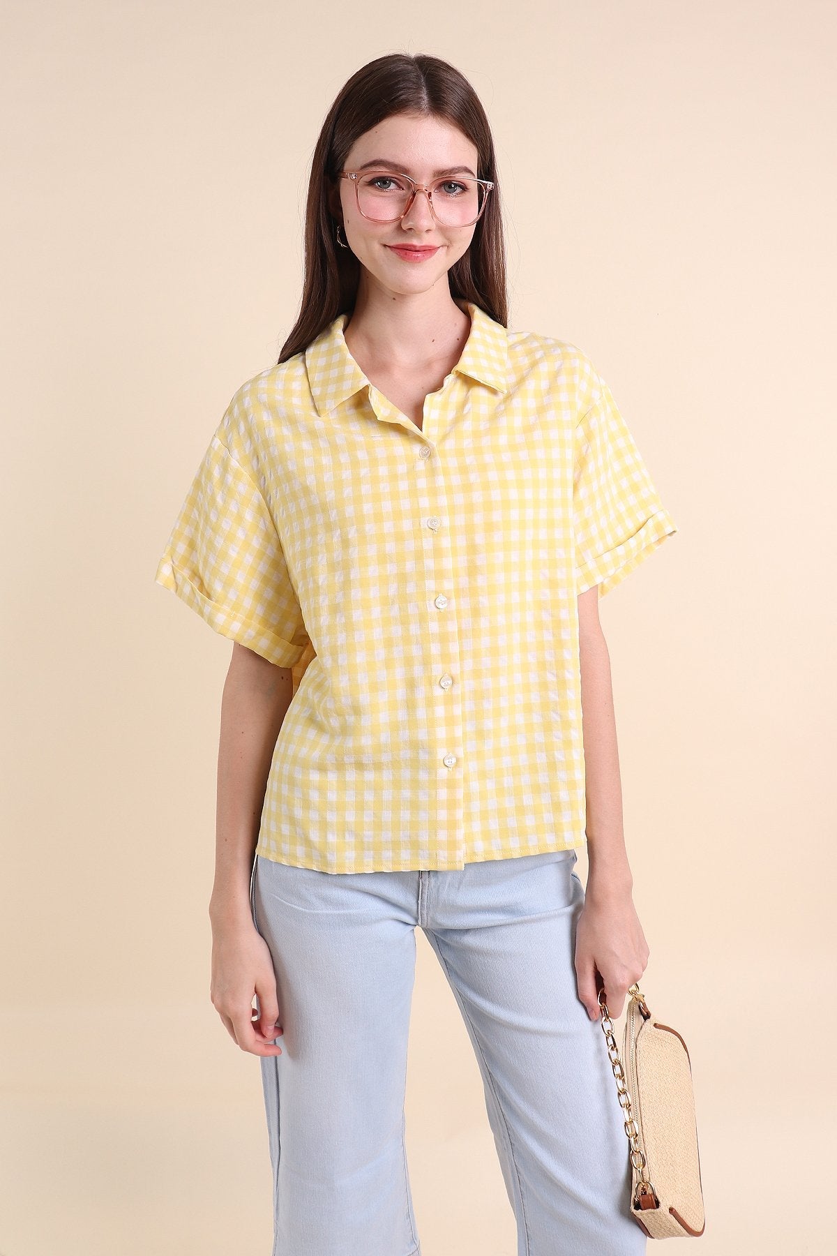 MADEBYNM ISOLA GINGHAM BUTTONED SHIRT IN YELLOW - Main Image