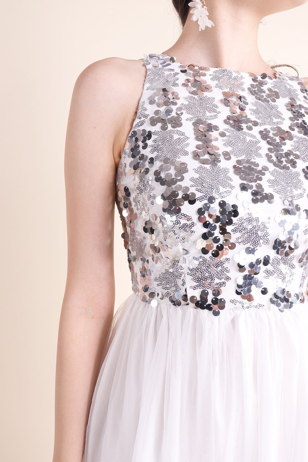 MADEBYNM PALERMO SEQUIN TULLE MIDI DRESS IN WHITE