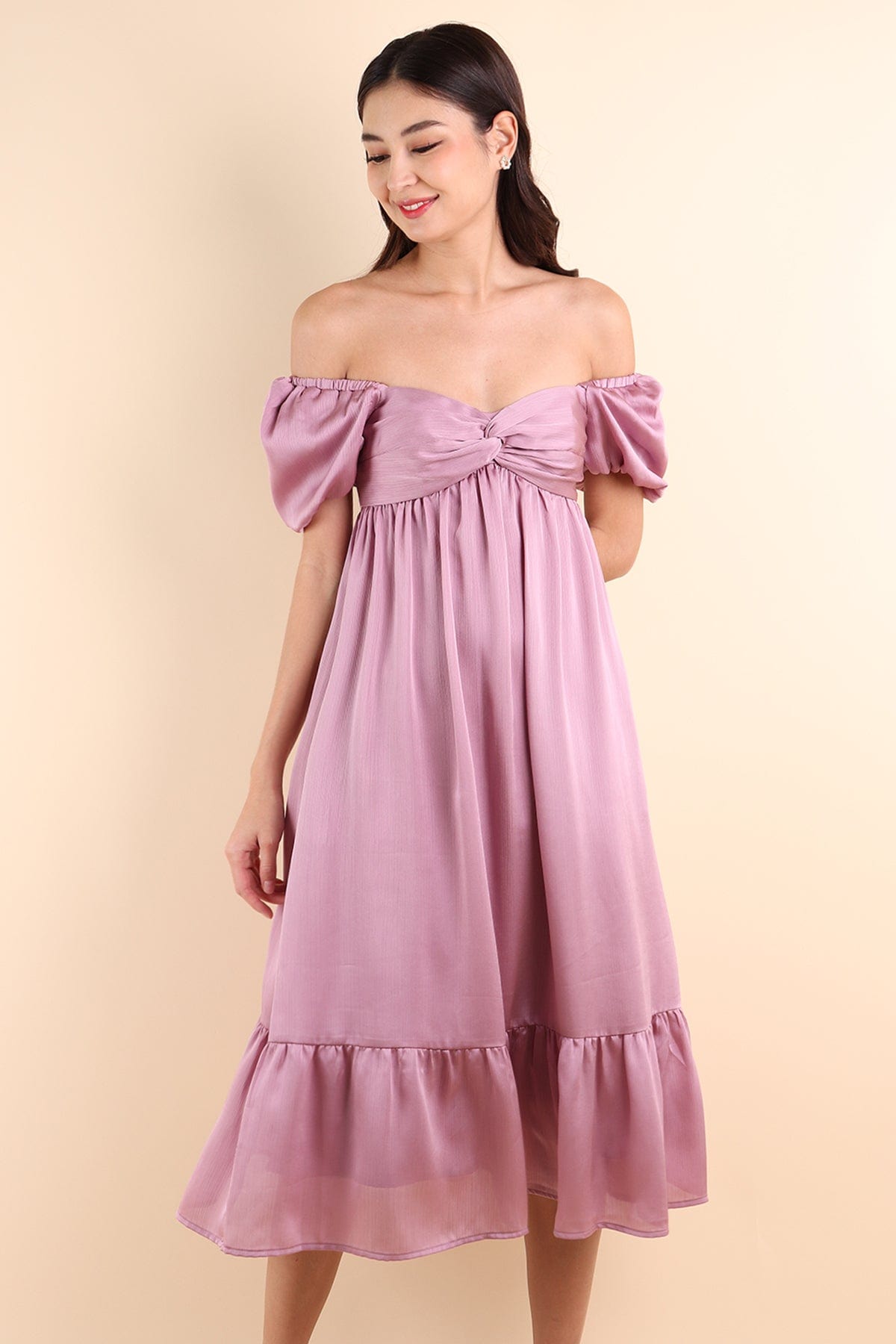 VALENTINA PUFF SLEEVE EMPIRE DRESS IN ROSE MAUVE NEONMELLO