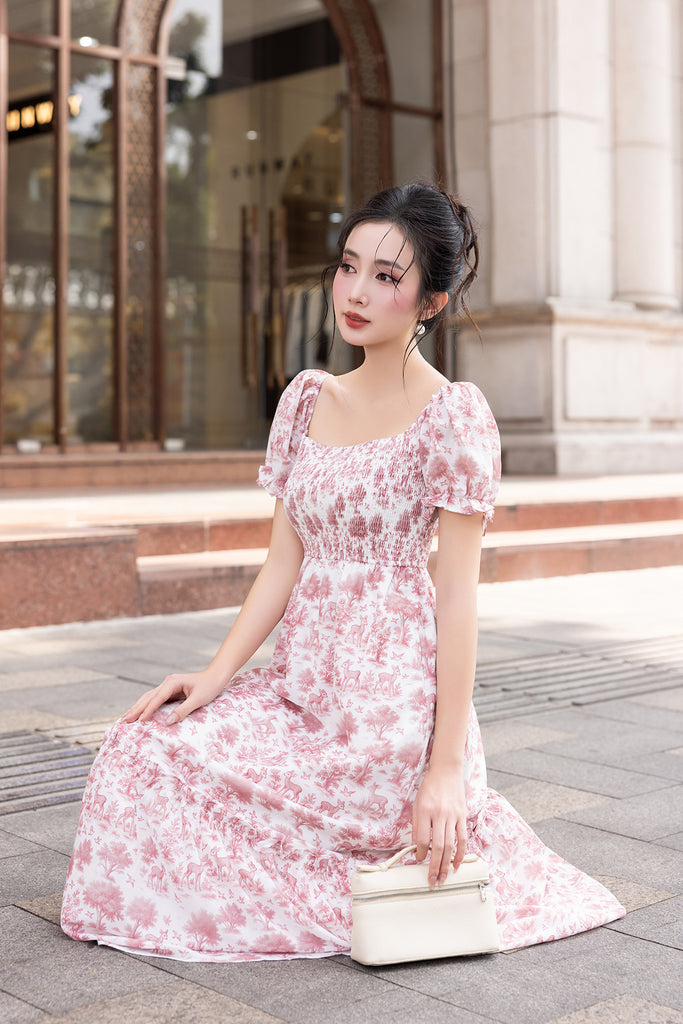 red toile dress Red Toile Maxi Dress  Square Neck, Puff Sleeves, Fully Lined Chiffon  Elegance