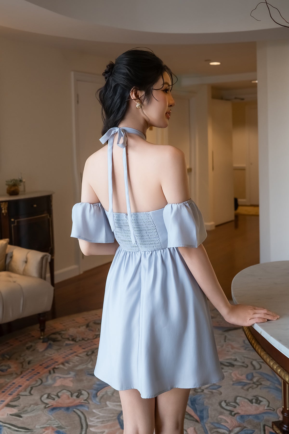 KAYLA COLD SHOULDER DRESS IN BLUE