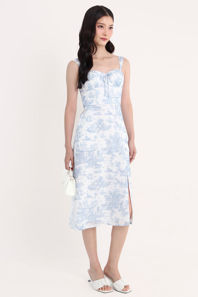 toile formal dress Elsie & Zoey Sarai Small Blue Smocked Bodice Toile de Jouy Midi Dress for Women