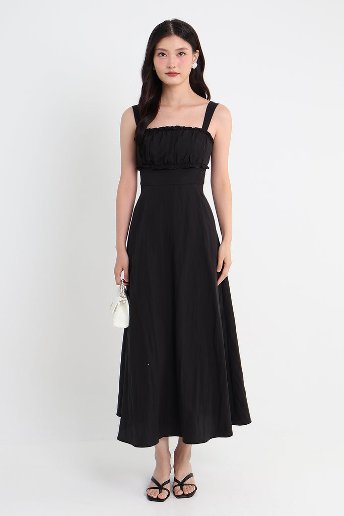 THALINA RUCHED PADDED MAXI DRESS IN BLACK | NEONMELLO