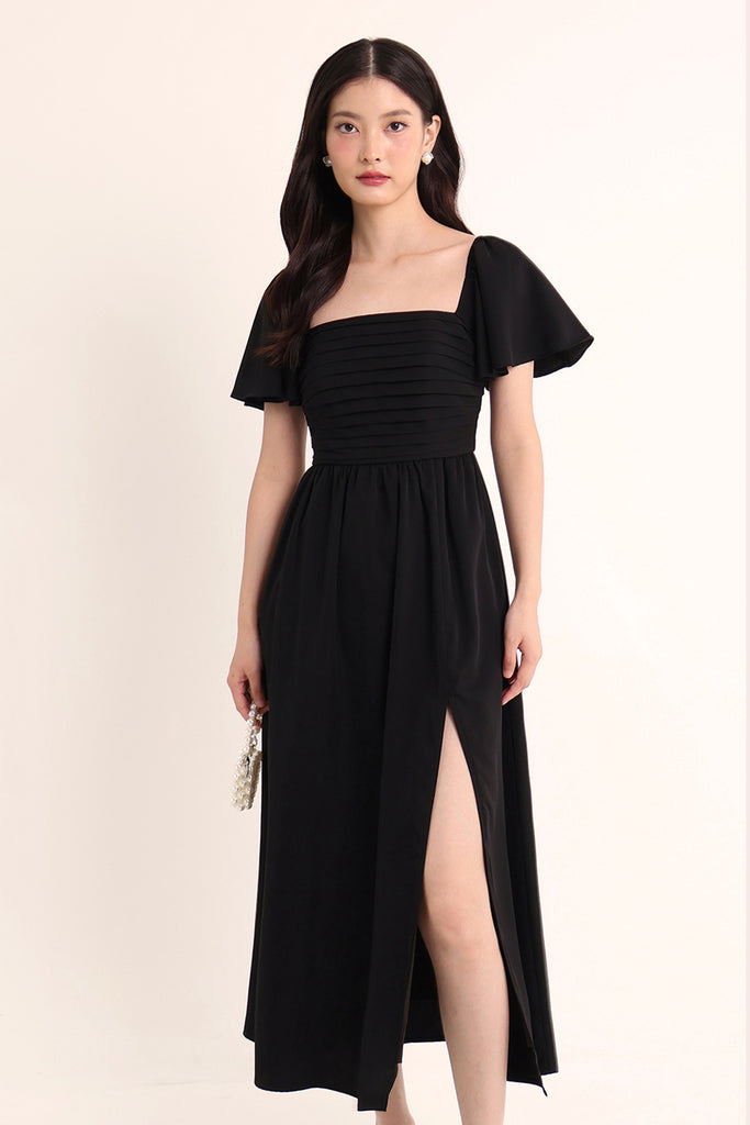 strapless open back dress SOLARA RUCHED MAXI DRESS IN BLACK