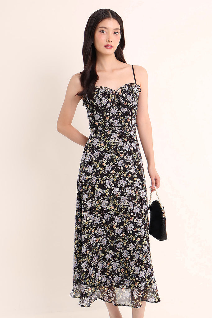 住まい/暮らし/子育て Floral Sexy Long Gown JARDIN PADDED FLORAL MAXI DRESS IN BLACK | NEONMELLO