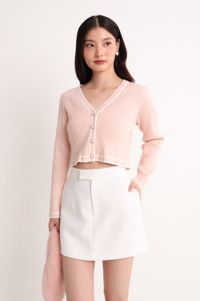 LORA CONTRAST TRIM CARDIGAN IN CREAM PINK | NEONMELLO