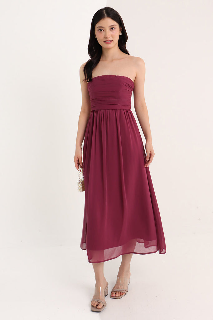 burgundy tube dress Burgundy Strapless Satin Long Prom Dress, A-Line Evening Party Dress main image 1