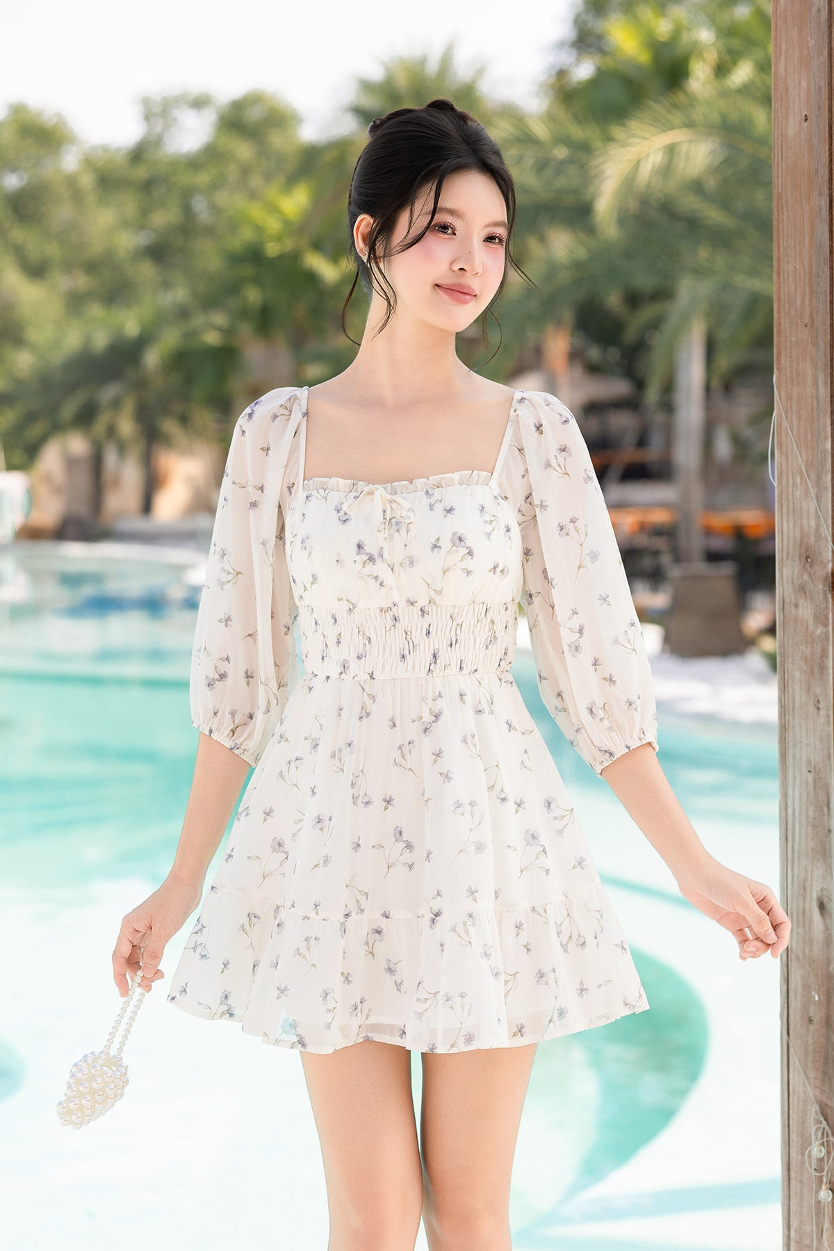 FREYA FLORAL SLEEVED DRESS IN BLUE VEIL | NEONMELLO