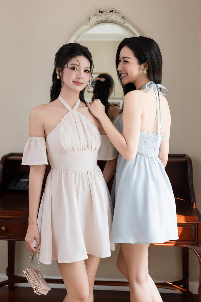 KAYLA COLD SHOULDER DRESS IN BLUE