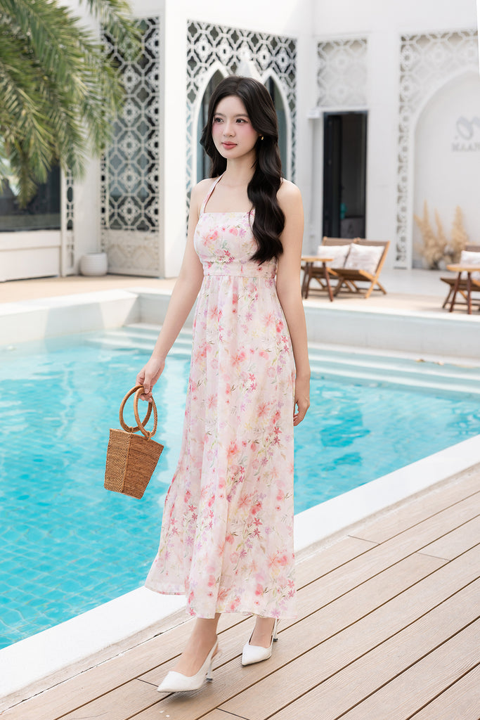 divine inspiration blush halter maxi dress FLORAL IN PINK age 4-6Y
