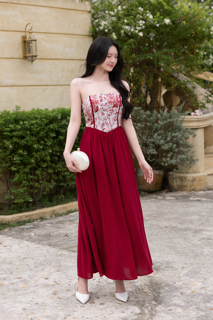 OPHIRA TOILE PADDED MAXI DRESS IN WINE | NEONMELLO
