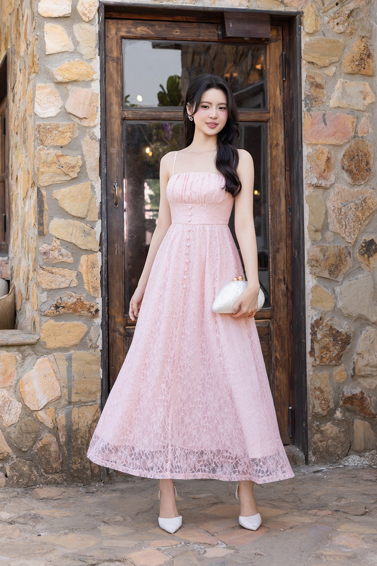 ISADORA PADDED LACE MAXI DRESS IN PINK | NEONMELLO
